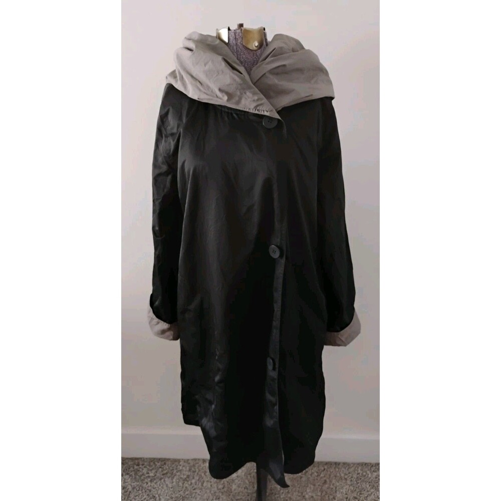 Eileen Fisher Hooded Rain Coat Jacket Women's Reversible Black/Gray Sz S
